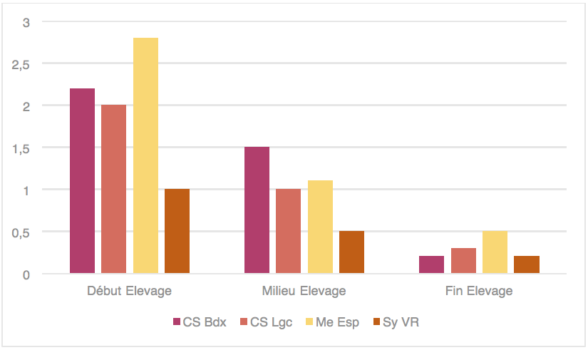 Figura 2: Evolució de la percepció del vegetal en funció de la criança amb la microoxigenació. (Font: Jury, expert de Vivelys, campanya d'assaigs 2009).